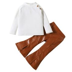 Toddler Kids Baby Girls Long Sleeve Side button T Shirt Tops PU Leather flared Pants Leggings bell bottom Outfits Clothes Set Material: cotton Size chart: Size:90 Recommended Age:12-24 Months Bust:54cm/21.3'' Tops Length:33cm/13.0" Waist:42cm/16.5'' Pants Length:47cm/18.5'' Size:100 Recommended Age:2-3 Years Bust:57cm/22.4'' Tops Length:36cm/14.2'' Waist:44cm/17.3'' Pants Length:52cm/20.5'' Size:110 Recommended Age:3-4 Years Bust:60cm/23.6'' Tops Length:39cm/15.4" Waist:46cm/18.1'' Pants Length: Bell Bottom Outfits, Bottom Outfits, Toddler Girl Outfits Summer, Toddler Girl Fall, Leather Pants Outfit, Toddler Girl Summer, Toddler Girl Outfit, Brown Outfit, Girls Summer Outfits