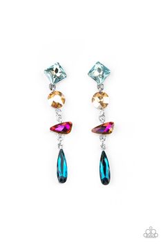 A mismatched collection of colorfully iridescent and brilliantly sparkling gems are linked together in elegant succession as they fall glamorously from the ear. Earring attaches to a standard post fitting. Sold as one pair of post earrings. P5PO-MTXX-024XX Gem Earrings, Rock Candy, Colored Gems, Paparazzi Accessories, White Rhinestone, The Ear, Paparazzi Jewelry, Rhinestone Earrings, Silver Stars