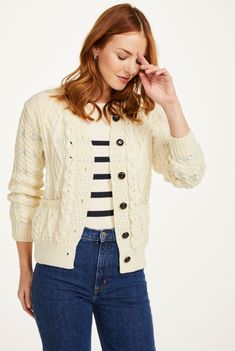 Inagh Ladies Aran Cardigan - Cream Aran Stitches, Aran Cardigan, Buttoned Cardigan, Yarn Gifts, Knit Stitches, Cardigan Design, Aran Sweater, Cream Cardigan, Wool Shop