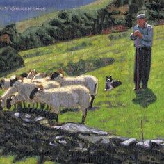 a painting of a man standing in the grass with sheep and a dog looking at him