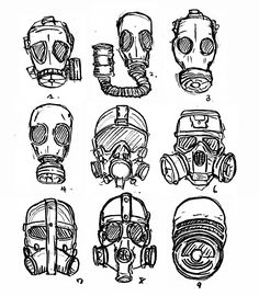 various types of gas masks drawn by hand