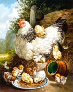 a painting of chickens and eggs on a plate next to an egg carton with chicks in it