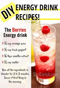 a drink with raspberries on the top and lemons in the bottom, along with instructions for how to make it