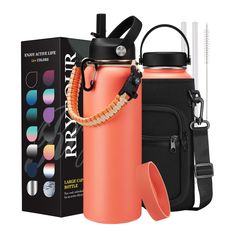 an orange water bottle next to a black case and some other items in front of it