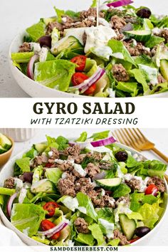 a salad with meat, lettuce and tomatoes is shown in two separate bowls