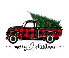 a red truck with a christmas tree in the back and merry christmas lettering on it