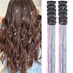 New Product [Easy To Install]:Upgraded Clip In Hair Tinsel Has A Metal Clip Design . Now You Just Need To Open And Close The Tension Clip To Remove And Installation. The Simple Operation Saves Time. You Can Easily Incorporate The Glitter Into Your Hair And Instantly Become "Highlight Glitter" Which Allows You To Change Your Hairstyle Quickly And Easily And Very Firmly Installed In The Position You Want [High Quality] Clip In Tinsel Hair Extensions Are Made Of 100% Durable Polyester Fiber . No Ba Tinsel Hair Extensions, Tinsel Hair, Decorative Hair Clips, Hair Tinsel, Fairy Hair, Colorful Glitter, Hair Accessories Clips, Glitter Hair, Clip In Hair