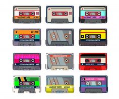 an assortment of audio tape cassettes with different colors and sizes, all labeled in the same font