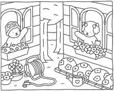 a black and white drawing of two teddy bears in a window sill with flowers