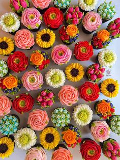 cupcakes decorated with flowers and succulents are arranged in the shape of a circle