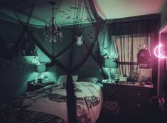 an instagramted photo of a bedroom with lights on the ceiling and bed in the corner