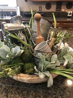 a bowl filled with lots of plants on top of a kitchen counter covered in pots and pans