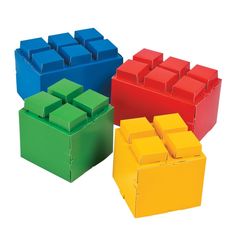 four different colored boxes sitting next to each other