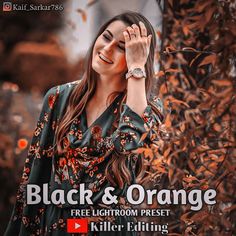 a woman is smiling and holding her hand up to her face with the words black & orange in front of her