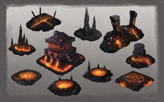 a bunch of different shapes and sizes of objects in the shape of houses with flames coming out of them