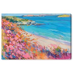 a painting of the beach with flowers on it