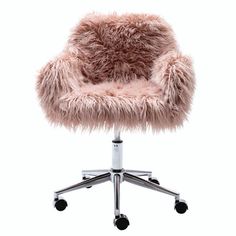 an office chair with wheels and a fuzzy pink seat cover on it's back