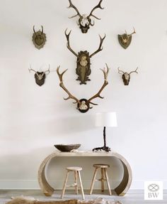 there are several deer heads mounted on the wall above a table with two stools