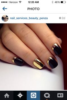 Black Nail Inspiration, Gold Black Nails, Black Gold Nails, Special Nails, Nails Gold, Lovely Nails, Gold Tips, Metallic Nails, Black Nail