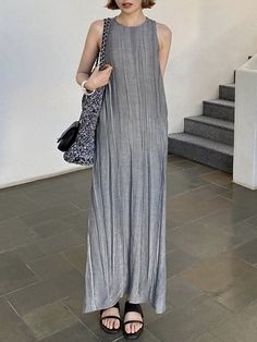 Maxi Dresses Grey Maxi Dress, Side Split, Shoulder Length, Cotton Style, Gray Color