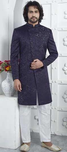 Purple and Violet color Sherwani in Art Silk fabric with Bugle Beads, Cut Dana, Embroidered work Purple Sherwani, Sherwani Groom, Wedding Purple, Purple Saree, Wedding Sherwani, Violet Color, Silk Wedding, Color Art, Bugle Beads