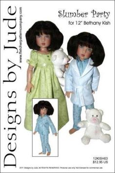 two dolls dressed in clothes and holding teddy bears