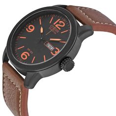 Black PVD stainless steel case with a brown leather strap. Fixed black PVD bezel. Black dial with luminous orange hands and index hour markers. Arabic numerals mark the 3, 6, 9 and 12 oclock positions. 24 hour markers. Minute markers around the outer rim. Dial Type: Analog. Luminescent hands and markers. Day of the week and date display at the 3 oclock position. Eco-Drive E011 eco-drive movement. Scratch resistant mineral crystal. Pull / push crown. Solid case back. Case size: 42 mm. Case thickn Brown Analog Display Watch With Round Dial, Brown Analog Display Watches, Modern Brown Outdoor Watch, Brown Business Watch With Analog Display, Brown Analog Watch For Business, Brown Analog Watch Accessories For Business, Brown Analog Style Watch Accessories For Business, Brown Analog Display Watch For Business, Brown Analog Display Business Watch