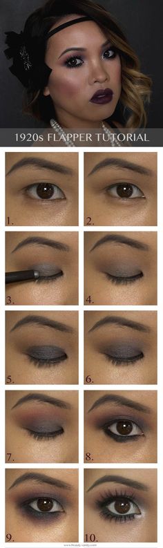 Haute Halloween : Flapper Makeup Tutorial Flapper Makeup Tutorial, 1920 Halloween, Asian Halloween, Makeup Party Night, 1920's Makeup, Flapper Makeup, Costume Makeup Tutorial, Look Gatsby, Gatsby Gala