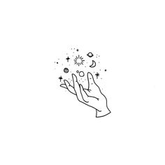 a hand holding an object with stars and planets in the sky above it on a white background