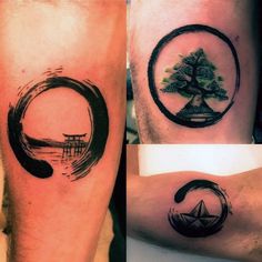 three different tattoos on the legs of people with symbols and trees in circles around them