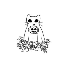 a black and white drawing of a cat with a pumpkin in its mouth, surrounded by flowers