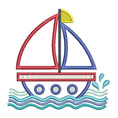 a sailboat with blue and red sails in the ocean on a white background embroidery design