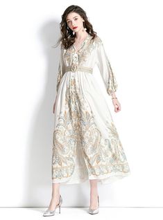 Retro Palace Style V-neck Lantern Sleeve Printed Dress Baroque Motifs, Pretty Products, Printed Long Dress, Flounce Skirt, Printed Long Dresses, Skirt Skirt, Dress For Short Women, Daily Dress, Lantern Sleeve