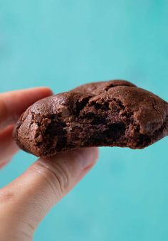 a hand holding a chocolate cookie in front of a blue background with only one bite taken out