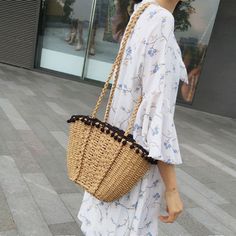 Bohemian Beach Handmade Drawstring Basket Bag - Uniqistic.com Straw Beach Bags, Drawstring Crossbody Bag, Straw Beach Bag, Basket Tote, Straw Handbags, Women Shoulder Bag, Bag Summer, Bohemian Beach, Tassel Bag