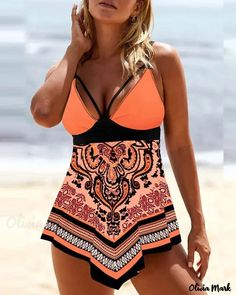 Color: orange, Size: XL Orange Tankini For Summer Beach Party, Orange Summer Tankini For Poolside, Orange Tankini For Summer Vacation, Orange Triangle Top Tankini For Pool, Orange Summer Tankini For Vacation, Orange V-neck Swimwear For Vacation, Orange Triangle Top Tankini For Beachwear, Orange Tankini For Summer Beach, Orange Summer Tankini For Beach