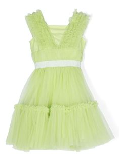 lime green/white cotton tulle panels ruffled detailing logo-tape detailing V-neck rear zip fastening sleeveless straight hem Green Mini Ruffle Dress For Summer, Green Mini Sleeveless Dress With Ruffles, Green Sleeveless Mini Dress With Ruffles, Green Ruffle Dress For Summer Party, Spring Sleeveless Fitted Tulle Dress, Green Sleeveless Dress With Ruffle Hem For Summer, Chic Green Sleeveless Dress With Ruffles, Fitted Green Ruffle Dress For Spring, Green Mini Dress With Ruffled Straps And Details