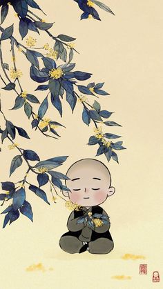 an illustration of a little buddha sitting under a tree with yellow flowers on it's branches