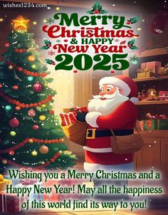 merry christmas and happy new year wishes with santa claus in front of a christmas tree