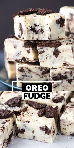 oreo fudge cut into squares and stacked on top of each other with text overlay Fudge Recipes Oreo, Fudge Dessert Recipes, Four Ingredient Fudge, Fantasy Fudge Recipes, Cookies And Cream Fudge 3 Ingredient, Fudge Marshmellow Recipes, Smooth Fudge Recipe, Cookies N Cream Fudge, Candy Fudge Recipes