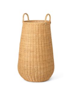 a large woven basket with handles on the front and bottom, in natural colors is shown