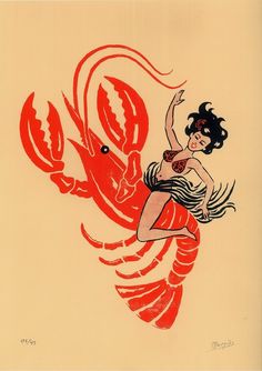 a drawing of a woman in a red dress flying through the air next to a crab