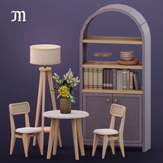 a table with two chairs next to a book shelf