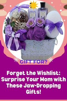 a gift basket with purple flowers and soaps in it for mother's day