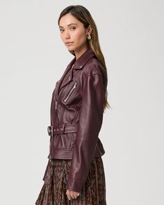 Crafted in supremely soft 100% leather in a dark red oxblood shade, the Cento Jacket epitomizes the classic moto jacket. With a slight drop shoulder, self-belt waist with a buckle, and nickel hardware, this staple jacket will be a treasured piece of your wardrobe for years to come. | PAIGE Women's Cento Jacket - Dark Oxblood Leather | Size Medium Luxury Burgundy Outerwear For Fall, Burgundy Leather Jacket With Long Sleeves, Burgundy Leather Jacket For Work, Burgundy Long-sleeve Leather Jacket, Classic Burgundy Leather Jacket With Long Sleeves, Burgundy Leather Biker Jacket For Fall, Burgundy Biker Jacket For Fall Workwear, Fall Burgundy Biker Jacket For Workwear, Fall Burgundy Biker Jacket For Work