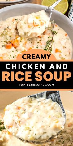 creamy chicken and rice soup in a bowl with a spoon