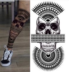 a woman's legs with tattoos and skulls on them, both in black and white