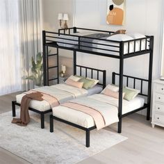 a bunk bed with two beds underneath it and a rug on the floor next to it