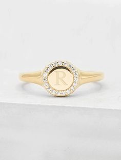 Fashionable Gold Plated Signet Ring with Tiny Sparkling White Round Cubic Zirconia CZ Customized Personalized Engraved Name Dainty Delicate Stackable Minimalist Promise Ring by The Faint Hearted Jewelry Symbol Of Family, Knuckle Rings Silver, Pearl Stacking Ring, Daughter Ring, Sterling Silver Cleaner, Rose Gold Sparkle, Diamond Signet Ring, Signet Rings, Family Heritage