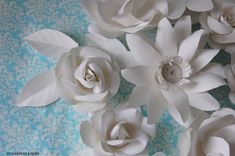 paper flowers are arranged on a blue and white background